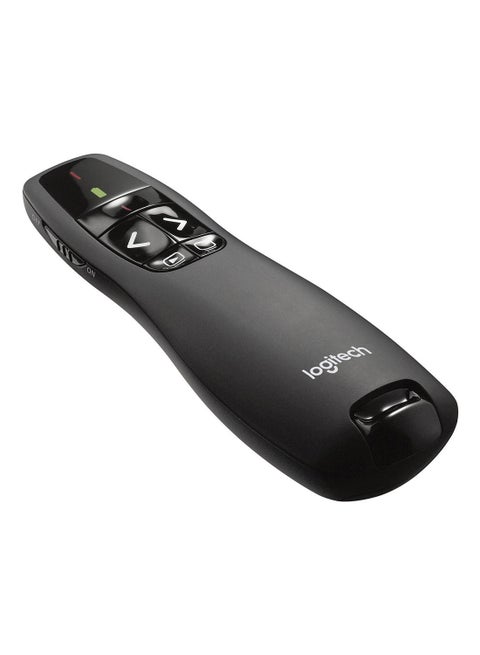 جهاز تحكم  عن بعد R400 لاسلكي لعروض التقديم، تردد 2.4 جيجاهرتز ومستقبل USB ومؤشر ليزري أحمر ويعمل بنطاق 15 متر ويضم 6 أزرار وتحكم سهل بعرض الشرائح ومؤشر للبطارية كما أنه متوافق مع جهاز الكمبيوتر أسود
