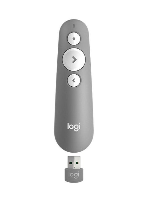 R500 Wireless Presentation Remote, 2.4 GHz and Bluetooth, USB-Receiver, Red Laser Pointer, 20-Meter Operating Range, 3 Buttons, PC/Mac/Android/iOS Grey