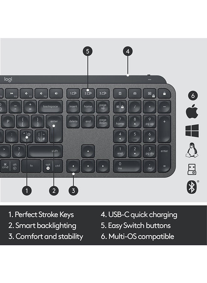Logitech - MX Keys Advanced Illuminated Wireless Keyboard, Bluetooth, Tactile Responsive Typing, Backlit Keys, USB-C, PC/Mac/Laptop Windows/Linux/IOS/Android Black - Image 1
