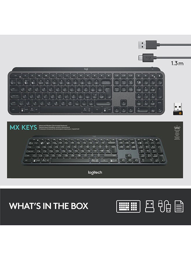 Logitech - MX Keys Advanced Illuminated Wireless Keyboard, Bluetooth, Tactile Responsive Typing, Backlit Keys, USB-C, PC/Mac/Laptop Windows/Linux/IOS/Android Black - Image 1