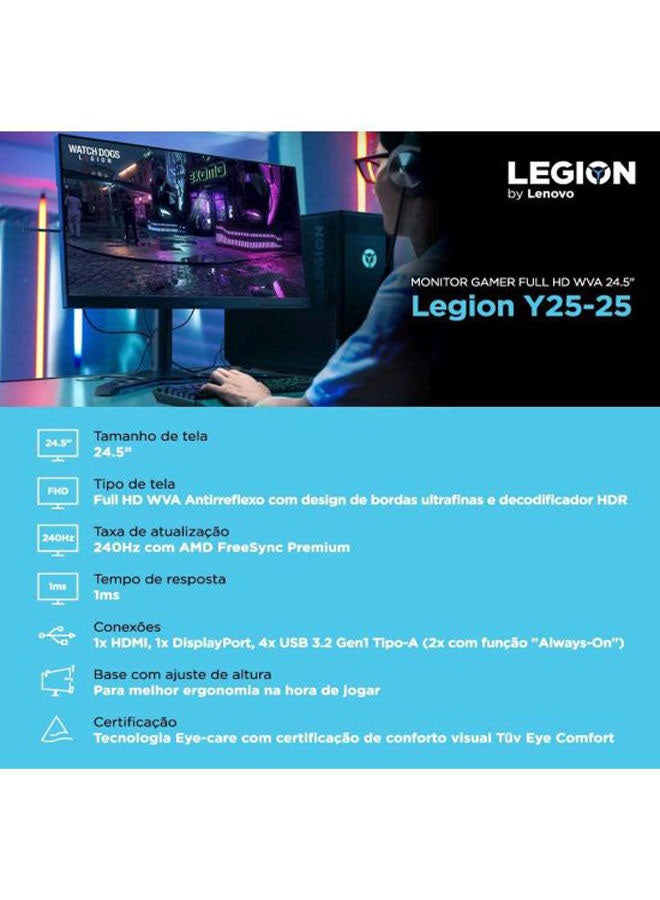 Lenovo - Lenovo Legion Y25-25 - 25 inch Gaming Monitor, IPS, FHD, 240Hz,1ms, NVIDIA G-SYNC, 1920 x 1080, VESA, 3-side NearEdgeless, 99% sRGB, TÜV Rheinland Eye Comfort - 66AAGAC6UK 25inch Black - Image 1