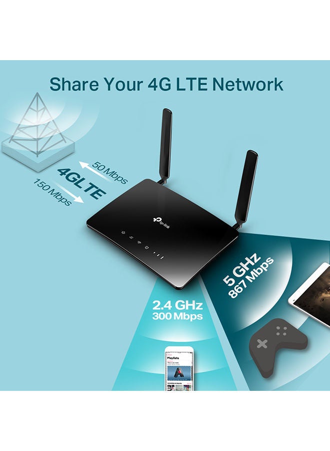 TP-LINK - Archer MR400 AC1200 Wireless Dual Band 4G LTE Router, 4G LTE Router, Plug and Play, Compatibility for SIM cards in 100+ countries, 64 Devices Connectivity, Parental Controls Black - Image 1