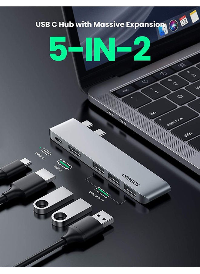 Ugreen - 5-In-1 USB C Hub Dual Type C Dock Adapter with 4K HDMI USB-C Gen 2 port 3 USB 3.0 Ports Compatible for Macbook Pro Air M1 2021 2020 2019 2018 2017 2016 Silver - Image 1