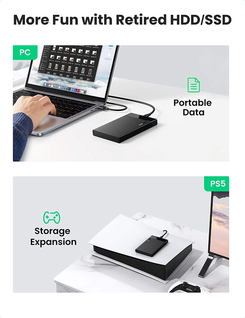 Ugreen - Hard Drive Enclosure USB C 3.1 Gen 2 External Hard Disk Case  to SATA SDD Cover Adapter for 9.5mm 7mm 2.5 Inch SATA I II III PS4 HDD SSD 6Gbps Fast Speed UASP Black - Image 1