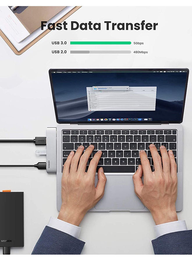 Ugreen - 5-In-1 USB C Hub Dual Type C Dock Adapter with 4K HDMI USB-C Gen 2 port 3 USB 3.0 Ports Compatible for Macbook Pro Air M1 2021 2020 2019 2018 2017 2016 Silver - Image 1