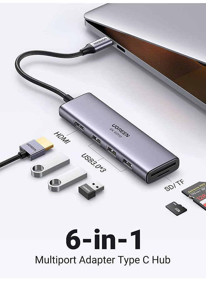 محول وموزع منافذ جديد 6 في 1 من USB C إلى HDMI متعدد الوظائف بمنفذ HDMI بجودة 4K وتردد 60 هرتز وقارئ لبطاقات TF وSD مصمم بـ3 منافذ USB 3.0 لأجهزة ماك بوك آير وماك بوك برو بشريحة M1 إصدار 2021 و2019 و2018 وآي باد برو آير 4 وآي باد برو ميني 6 وجلاكسي S20+ لون رمادي - v1668790238/N51209956A_2