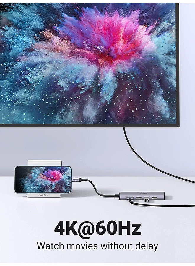 محول وموزع منافذ جديد 6 في 1 من USB C إلى HDMI متعدد الوظائف بمنفذ HDMI بجودة 4K وتردد 60 هرتز وقارئ لبطاقات TF وSD مصمم بـ3 منافذ USB 3.0 لأجهزة ماك بوك آير وماك بوك برو بشريحة M1 إصدار 2021 و2019 و2018 وآي باد برو آير 4 وآي باد برو ميني 6 وجلاكسي S20+ لون رمادي