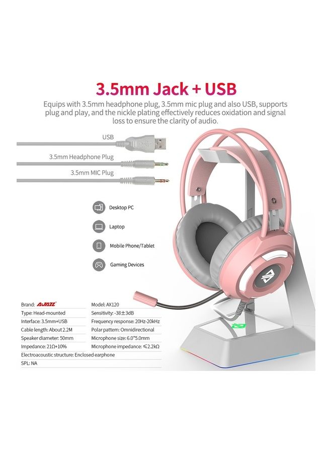 آجاز سماعة رأس للألعاب AX120 سلكية بمنفذ USB و3.5 مم بصوت ستيريو وخاصية إلغاء الضوضاء مع ميكروفون بوحدة مكبر صوت داخلية مقاس 50 مم لون وردي - Image 4