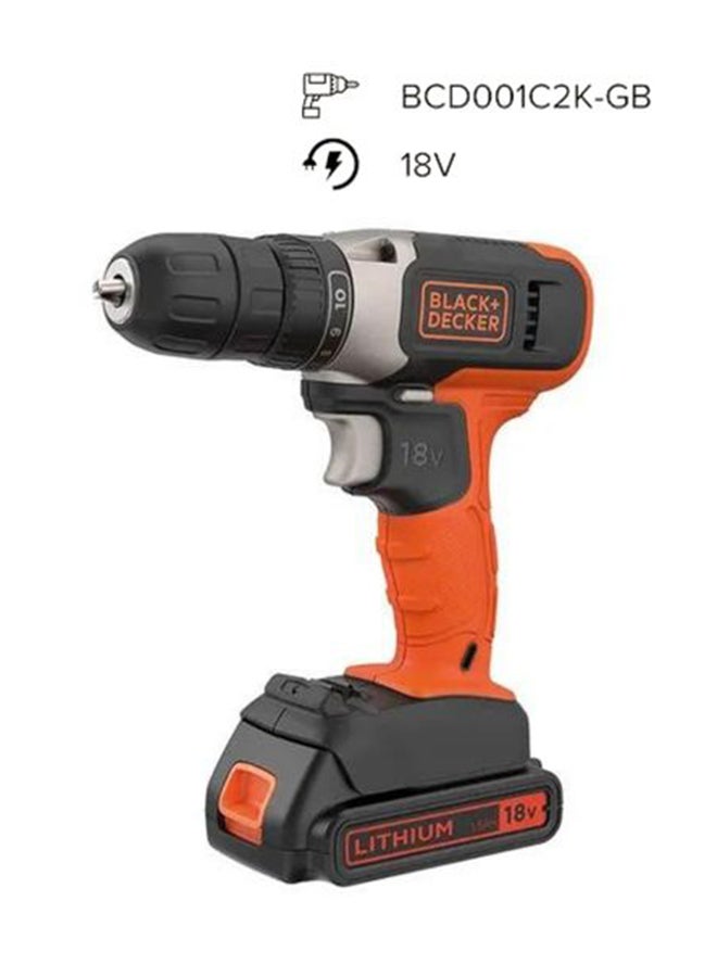 BLACK+DECKER - 18V 1.5Ah Li-Ion Cordless Electric Compact Drill Driver with 2 Batteries in Kitbox for Wood Drilling & Screwdriving/Fastening, Orange/Black - BCD001C2K-GB, Orange/Black - Image 1