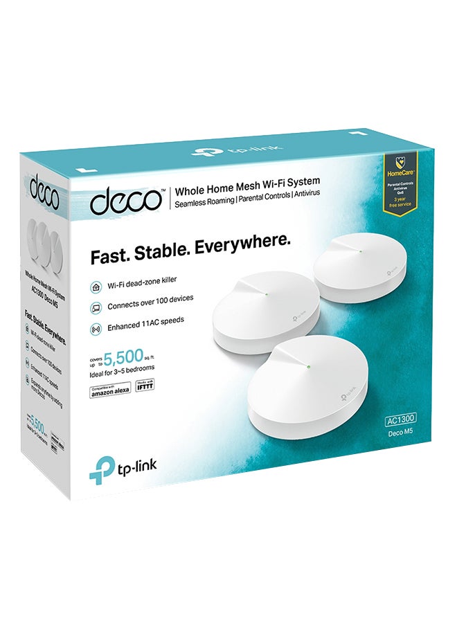 TP-LINK - Deco M5 (3-Pack) AC1300 Dual-Band Whole Home Mesh WiFi System, Coverage for 3-5 Bedroom Houses, 100 Devices Connectivity, Built-in Antivirus, Router/Extender Replacement, Parental Controls, Works with Alexa White - Image 1
