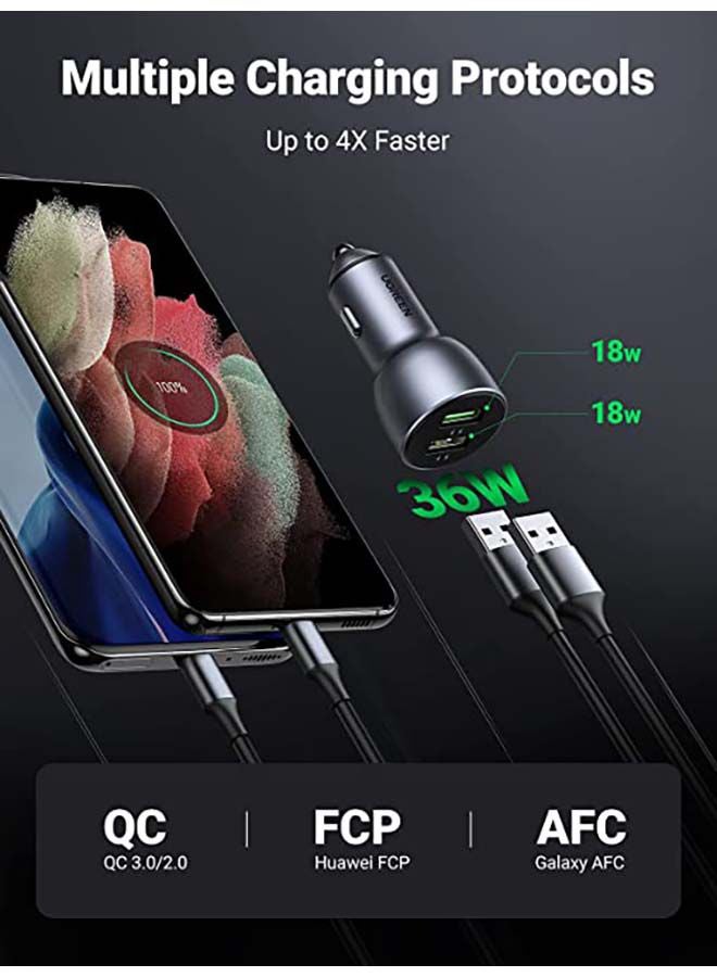 Ugreen Car Charger 36W Fast Dual USB QC 3.0 Quick Charging Aluminum Car Adapter Compatible with New iPad 9/ iPhone 14/14 Plus/14 Pro/14 Pro Max iPhone 13 Pro/13 Pro Max/13/13 mini/12 Pro Max Galaxy silver - Image 3