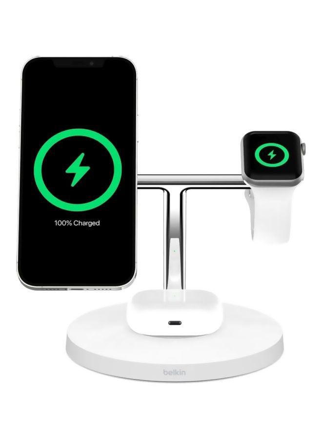 belkin - Boostcharge Pro 3-in-1 Wireless Charger Stand With Magsafe - Apple Wireless Charger For iPhone 15/14/13/12 Series, Apple Watch Series Se/6/5/4/3/2/1 And Airpods/Airpods Pro white - Image 1