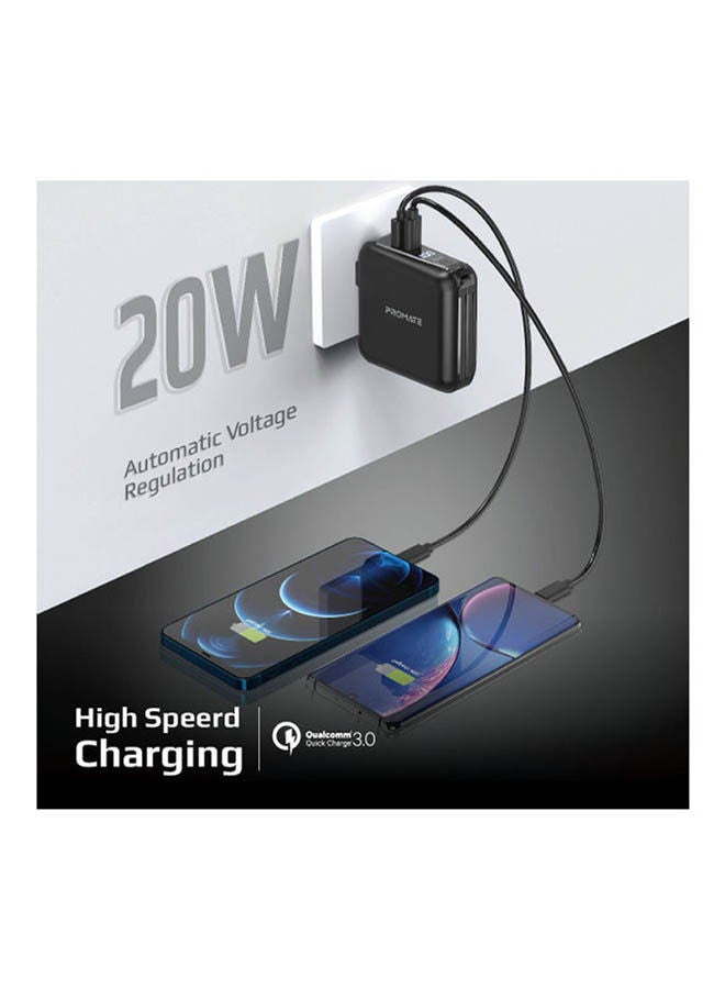 PROMATE 1500.0 mAh 2-In-1 Universal 15000mAh Power Bank with Multi-Regional AC Plug, 20W USB-C PD, QC 3.0 Port and USB-C And Lightning Cable For iPhone 12, iPad Pro, iPod, Galaxy S21, PowerPack-PD20 Black  - Image 2