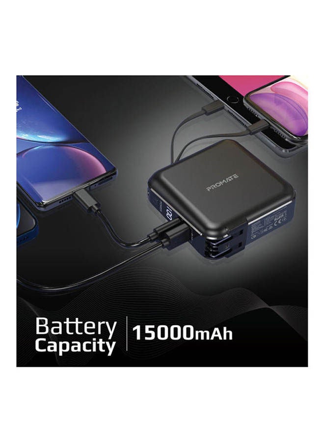 PROMATE 1500.0 mAh 2-In-1 Universal 15000mAh Power Bank with Multi-Regional AC Plug, 20W USB-C PD, QC 3.0 Port and USB-C And Lightning Cable For iPhone 12, iPad Pro, iPod, Galaxy S21, PowerPack-PD20 Black  - Image 5