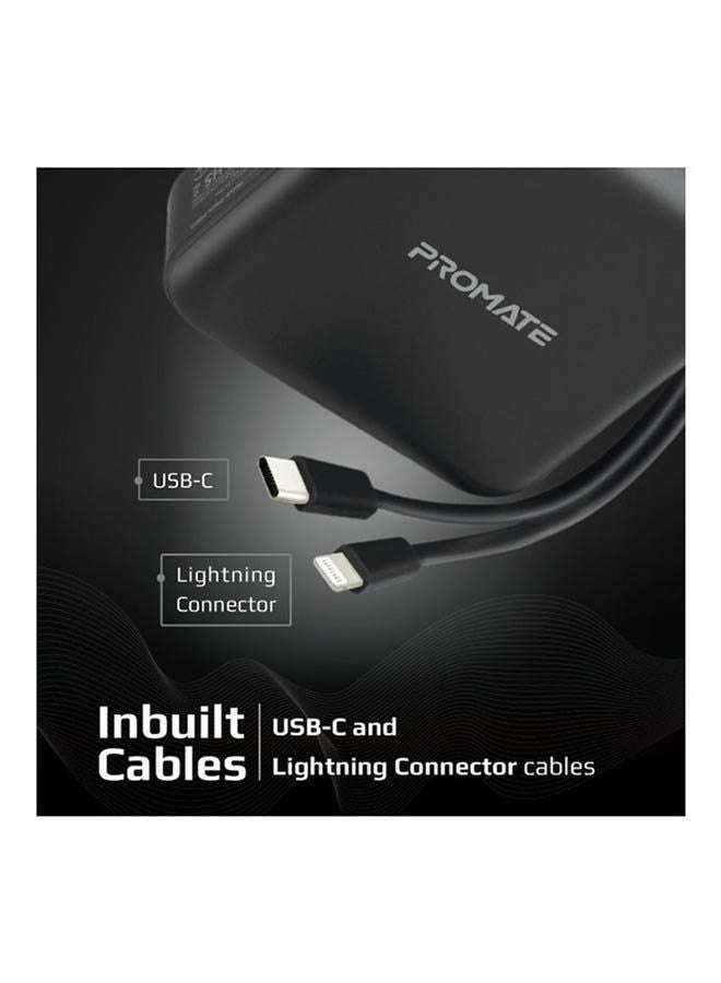 1500.0 mAh 2-In-1 Universal 15000mAh Power Bank with Multi-Regional AC Plug, 20W USB-C PD, QC 3.0 Port and USB-C And Lightning Cable For iPhone 12, iPad Pro, iPod, Galaxy S21, PowerPack-PD20 Black
