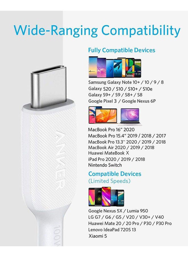 PowerLine III USB-C to USB-C 2.0 Cable USB C to USB C Cable 100W White