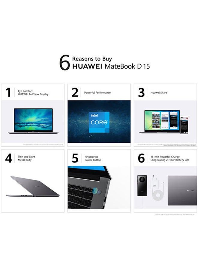MateBook D 15 Laptop with 15.6-Inches Display, Intel Core i3-10110U Processer/8GB RAM/256GB SSD/Windows 10/Intel UHD Graphics English Space Grey