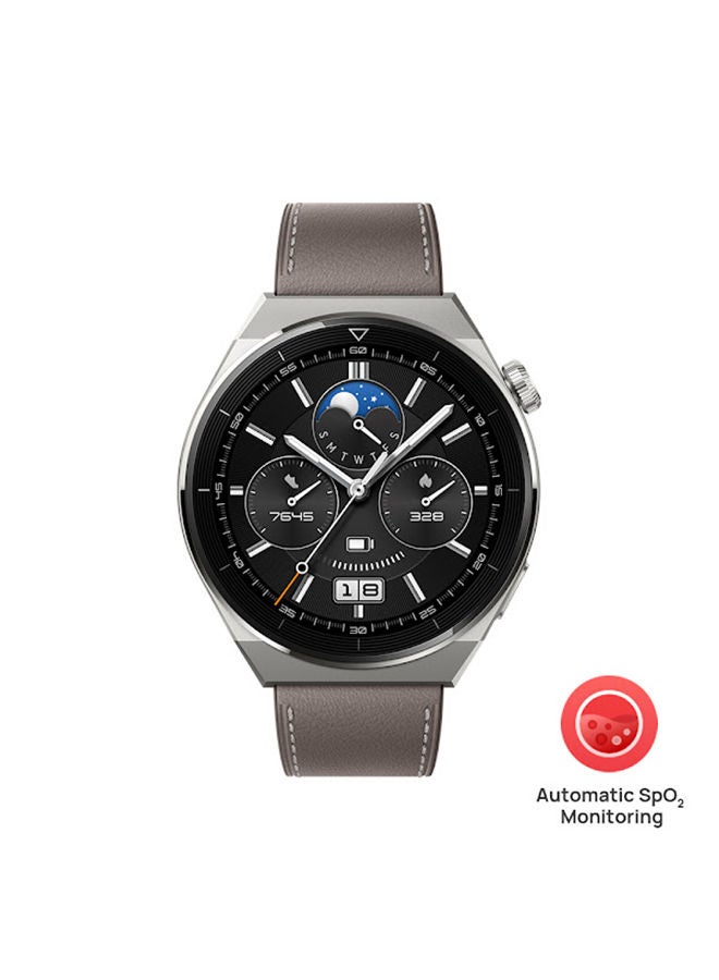 HUAWEI - Watch GT 3 Pro SmartWatch Heart Rate & Blood Oxygen Monitoring Light Titanium Case 46mm Grey Leather Strap - Image 1