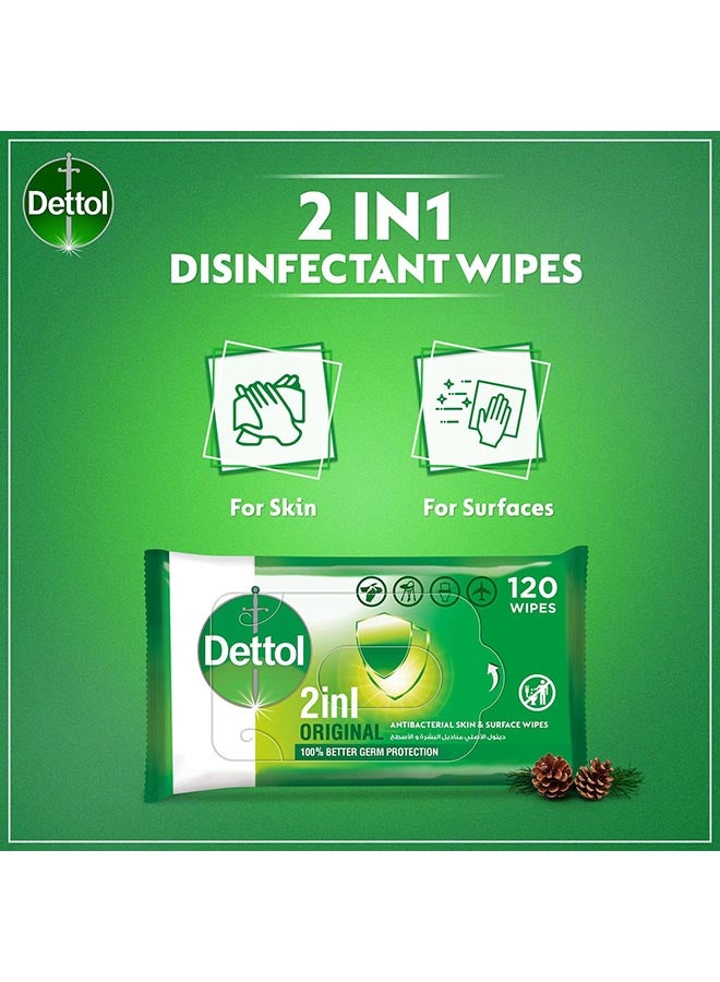 Dettol Original 2 In 1 Antibacterial Skin And Surface Wipes Pack of 120 Wipes - Image 2