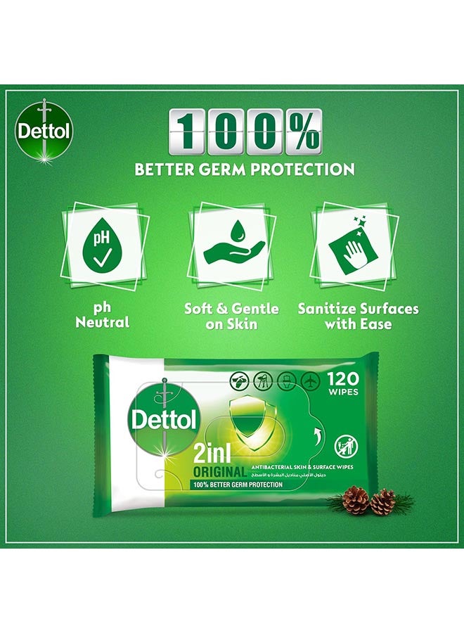Dettol Original 2 In 1 Antibacterial Skin And Surface Wipes Pack of 120 Wipes - Image 3