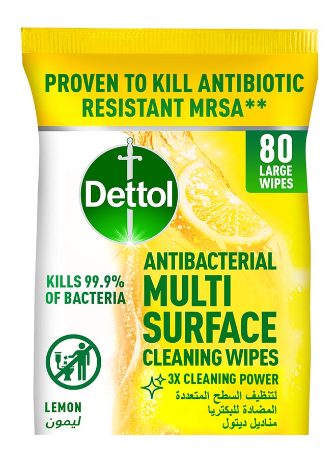 Dettol - Lemon Antibacterial Multi Surface Cleaning Large Wipes With Resealable Lid,80 Count Multicolour - Image 1