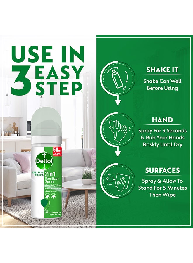 Dettol - 2 In 1 Sanitizer Killer Killer SprayFor Hands And Surfaces With Aloe Vera Extracts Multicolour 50ml - Image 1