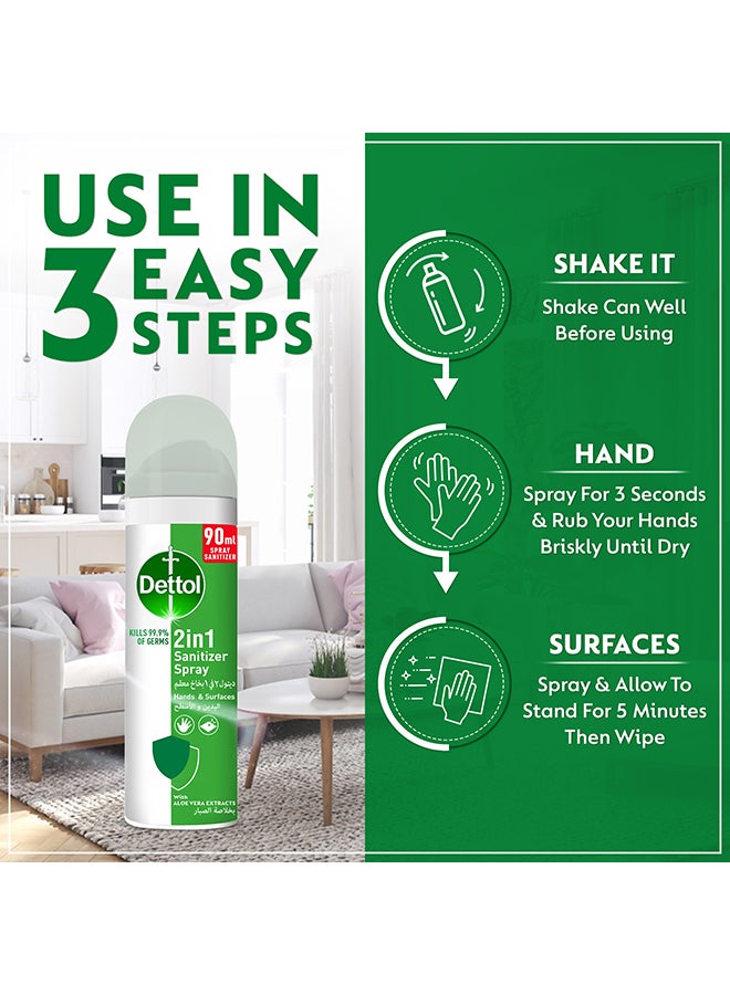 Dettol - 2 In 1 Sanitizer Killer Killer SprayFor Hands And Surfaces With Aloe Vera Extracts Multicolour 90ml - Image 1