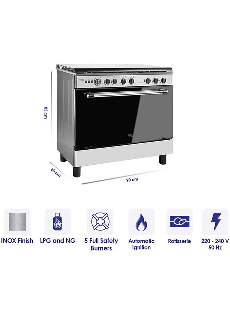SUPER GENERAL - 5 Burner Gas Cooker 90 x 60 Cm, Gas Oven With Thermostat, Rotisserie, Full Safety, Auto Ignition SGC901FS Silver/Black - Image 1
