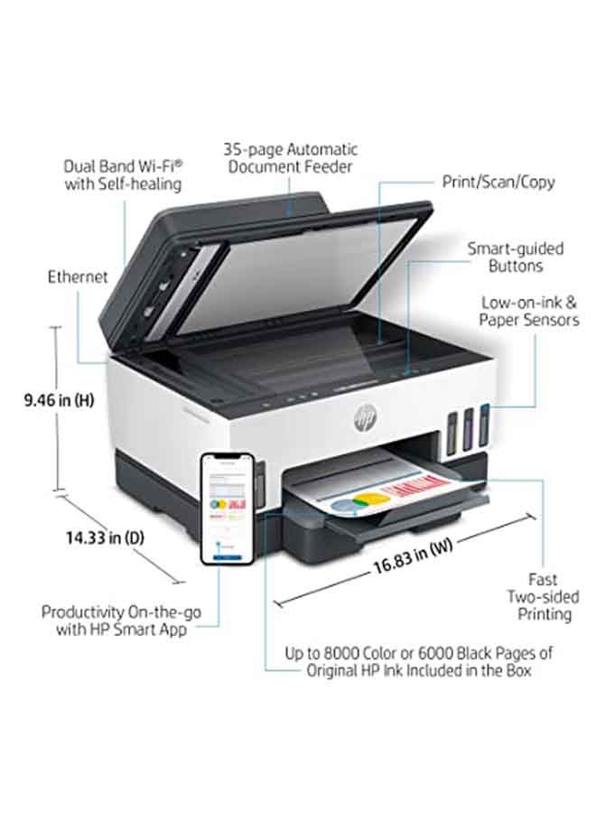 HP - HP Smart Tank 750 All-in-One Printer Wireless, Print, Scan, Copy, Auto Duplex Printing, Auto Document Feeder, Print up to 18000 black or 8000 color pages, White/Grey  [6UU47A] White/Grey - Image 1