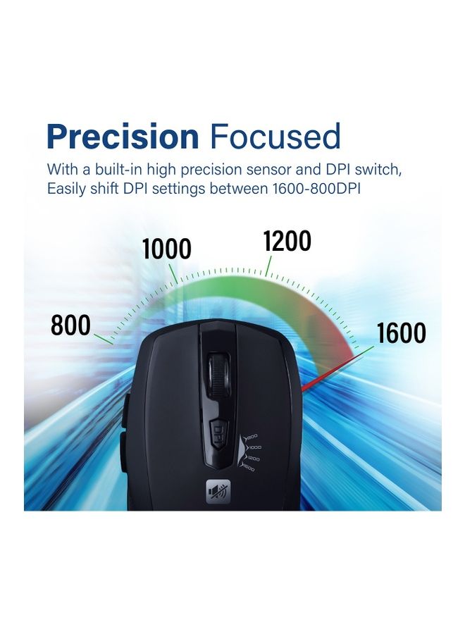 1600DPI Silent Ergonomic Symmetric 2.4Ghz Cordless Keys Mouse With Long Battery Life Optical Sensor 6 Functional Buttons And Nano Receiver For Mac OS Windows Breeze Black