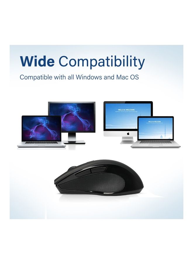 1600DPI Silent Ergonomic Symmetric 2.4Ghz Cordless Keys Mouse With Long Battery Life Optical Sensor 6 Functional Buttons And Nano Receiver For Mac OS Windows Breeze Black