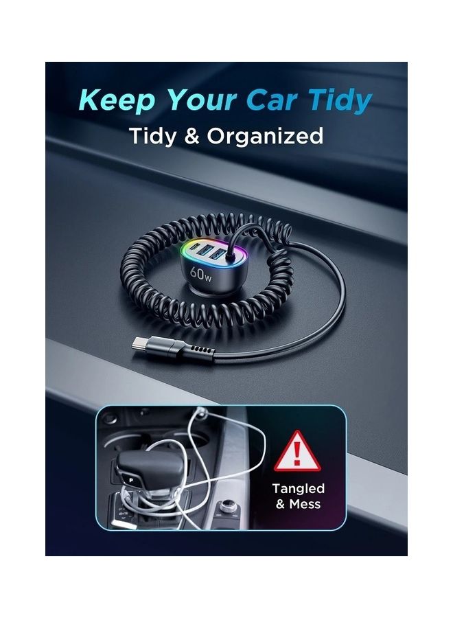 JOYROOM 60W 4 In 1 Car Charger With Coiled Type-C Cable Black - Image 4