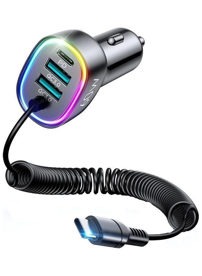 JOYROOM 60W 4 In 1 Car Charger With Coiled Type-C Cable Black - Image 1