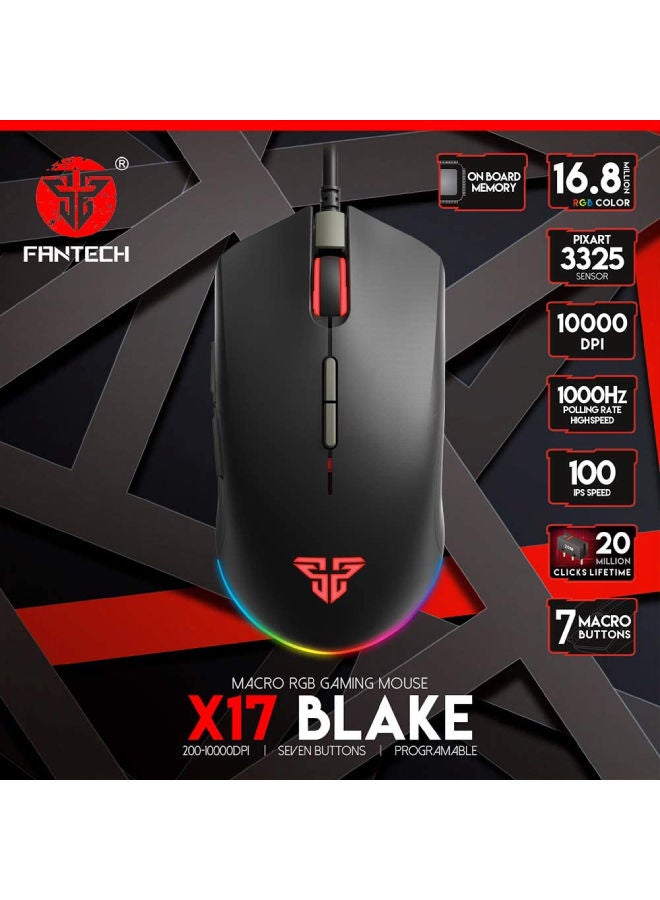Fantech Blake X17 Gaming Mouse | Optical Sensor 10,000 Dpi Pixart 3325 | 7 Programmable Buttons | 20 Million Clicks Life Time | Macro Support -Black