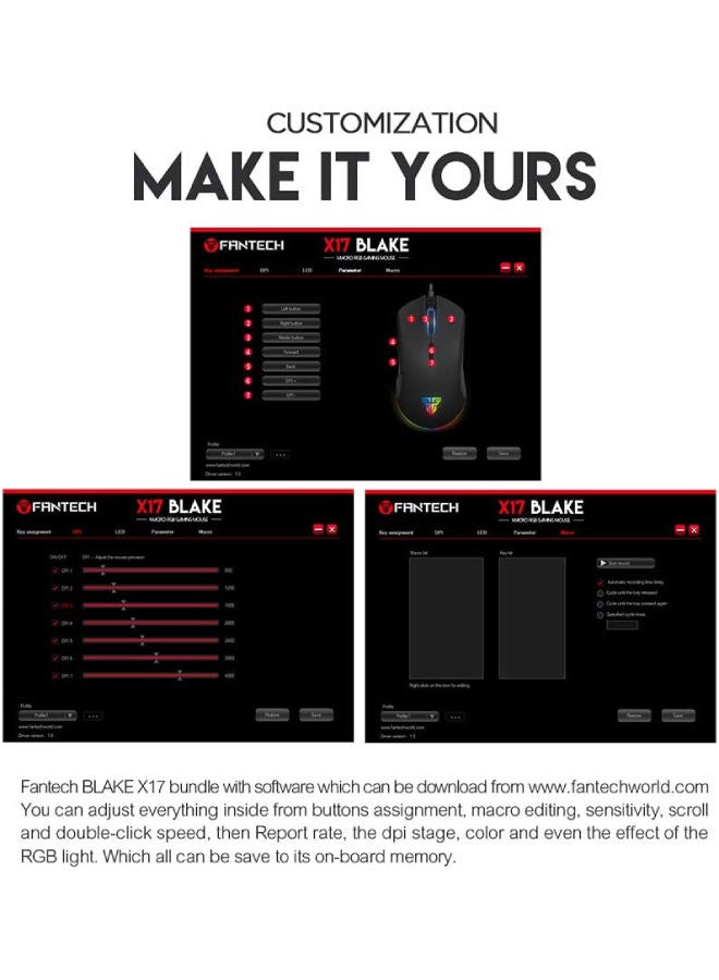 Fantech Blake X17 Gaming Mouse | Optical Sensor 10,000 Dpi Pixart 3325 | 7 Programmable Buttons | 20 Million Clicks Life Time | Macro Support -Black