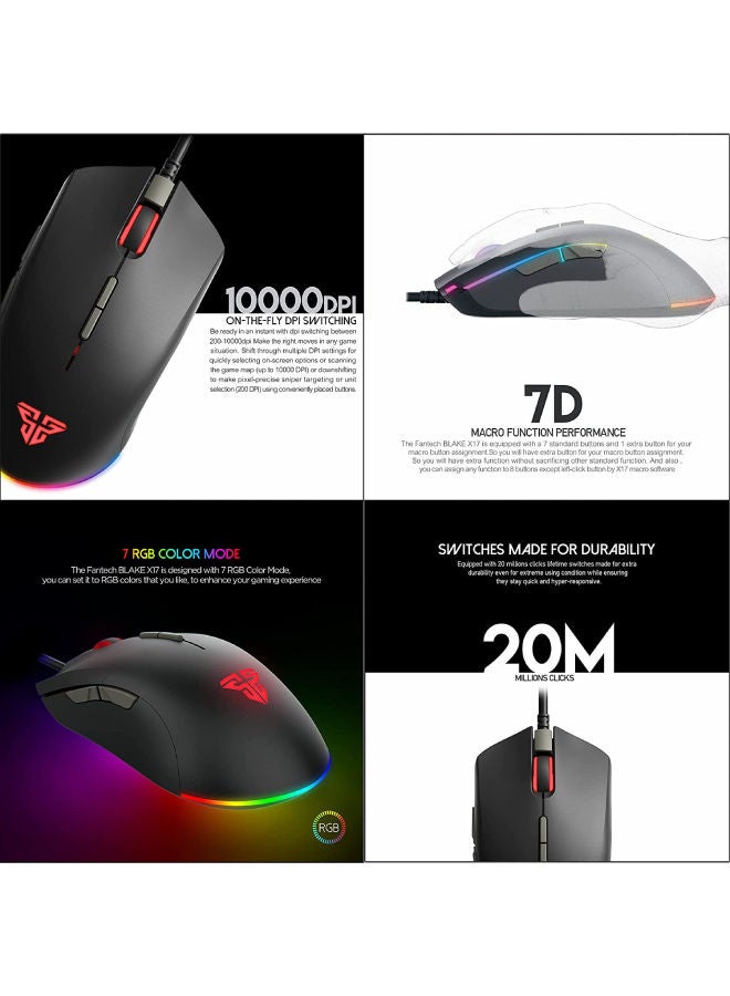 Fantech Blake X17 Gaming Mouse | Optical Sensor 10,000 Dpi Pixart 3325 | 7 Programmable Buttons | 20 Million Clicks Life Time | Macro Support -Black