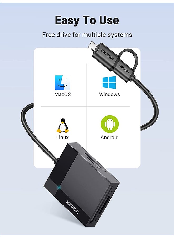 يو جرين - قارئ بطاقة USB 3.0 USB C ٤ في ١ مع بطاقات SD وMicro SD وSDHC وSDXC وCF وCFI وTF Micro SDXC وMicro SDHC وMS وMMC UHS-I التوافق مع MacBook وSanDisk وiPad Pro وGalaxy ومحول ذاكرة OTG وغيرها أسود - Image 1