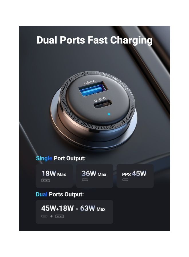 Ugreen - 63W Car Charger Fast Charging iPhone 16 15 Pro Car Power Adapter Dual USB Ports Samsung 45W Fast Car Charger Type C For Galaxy S24 S23 Ultra MacBook Pro Air Xiaomi Apple Watch S10 Airpods 4 Black - Image 1