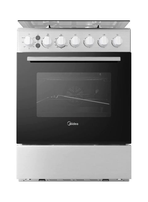 Freestanding Cooker With Convection Fan Gas 4 Burners Automatic Ignition & Full Safety Cast Iron Pan Support Double Knob For Grill & Oven Control EME6060-C Silver