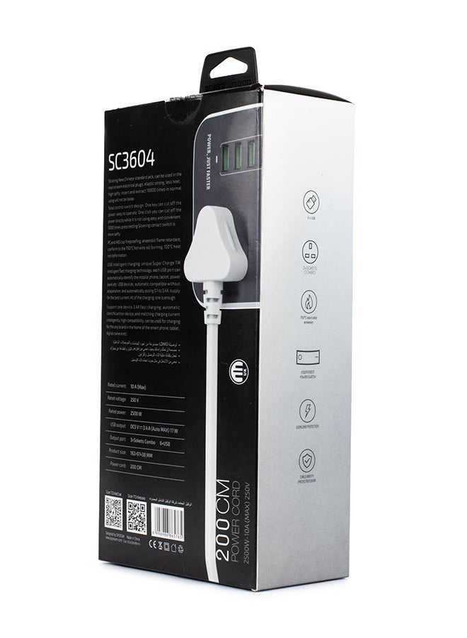LDNIO - 3 Power Socket With 6 USB Extension black/Grey - Image 1