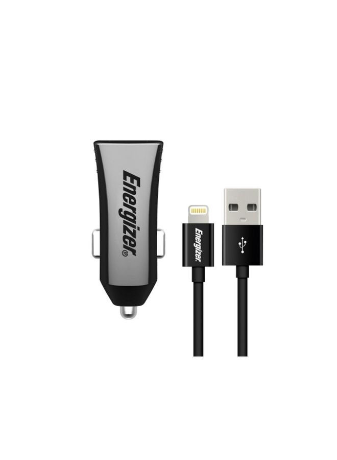 Energizer Ultimate 3.4A Dual Port Car Charger with Smart IC Technology and Fast Charging Lightning Cable Black/Silver  - Image 1