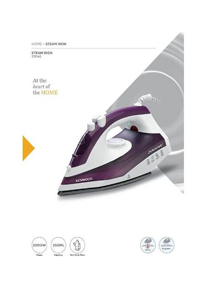 KENWOOD - Steam iron, Non Stick Soleplate, Self Clean Function, Water Spray, 120G Steam Shot, 250 ml 2000 W STP40.000WP Purple/White - Image 1