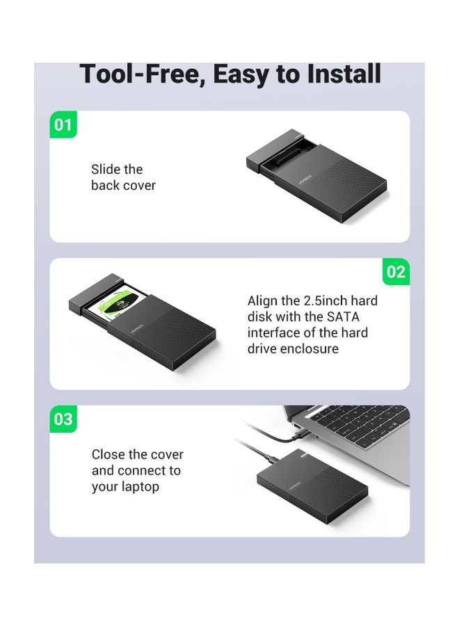 يو جرين - حاوية القرص الصلب USB C إلى SATA حافظة القرص الصلب غطاء محرك الأقراص الصلبة SSD Caddy محول متوافق مع 9.5 مم 7 مم 2.5 بوصة SATA I II III، PS5، HDD، SSD WD Seagate Toshiba Kingspec حتى 6 جيجابت في الثانية - Image 1
