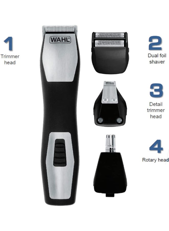 WAHL Groomsman Pro Deluxe Rechargeable Grooming Kit, Multi grooming, FOIL SHAVER, EAR/NOSE TRIMMER, Beard, and Body Trimmer, 9 different cutting lengths beard trimmer for men, 9855-1227 (Black/Silver) Black/Silver