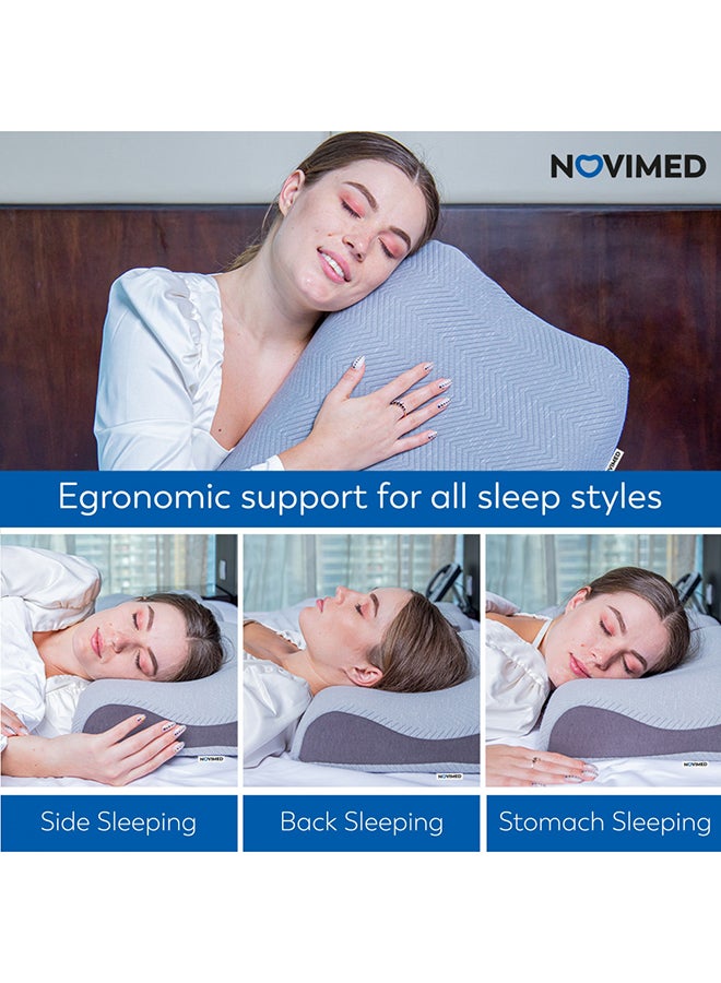 NOVIMED - Advanced Cervical Memory Foam Pillow, Contour Pillows For Neck And Shoulder Pain, Ergonomic Orthopedic Neck Support Pillow For Side Sleepers, Back And Stomach Sleepers (White) Polyester Grey 60x38cm - Image 1