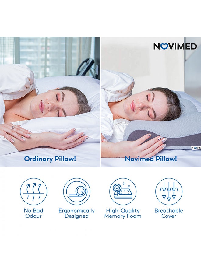 NOVIMED - Advanced Cervical Memory Foam Pillow, Contour Pillows For Neck And Shoulder Pain, Ergonomic Orthopedic Neck Support Pillow For Side Sleepers, Back And Stomach Sleepers (White) Polyester Grey 60x38cm - Image 1