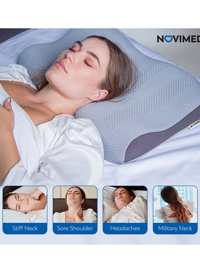 NOVIMED - Advanced Cervical Memory Foam Pillow, Contour Pillows For Neck And Shoulder Pain, Ergonomic Orthopedic Neck Support Pillow For Side Sleepers, Back And Stomach Sleepers (White) Polyester Grey 60x38cm - Image 1