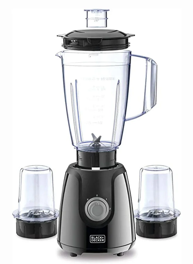 BLACK+DECKER Blender with Grinder Mills, 1.5L Jar, 2x 300ml Grinding Mills, Stainless Steel Blades, 2-Speed with Pulse Control, Perfect for Smoothies, Coffee, Herbs, and Spices, 1.5 L 400 W BX440-B5 Black