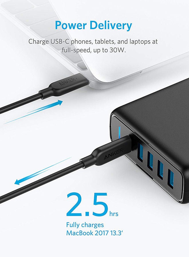 Anker - USB C Wall Charger, Anker Premium 60W 5-Port Desktop Charger with One 30W Power Delivery Port for Apple MacBook, Nexus 5X/6P, and 4 PowerIQ Ports for iPhone, iPad, and More. Black - Image 1