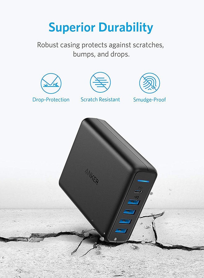 Anker - USB C Wall Charger, Anker Premium 60W 5-Port Desktop Charger with One 30W Power Delivery Port for Apple MacBook, Nexus 5X/6P, and 4 PowerIQ Ports for iPhone, iPad, and More. Black - Image 1